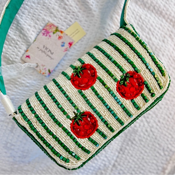 Beaded Red Tomato Green Stripes Shoulder Bag | Cottagecore Summer Vacation | NWT - Picture 5 of 8